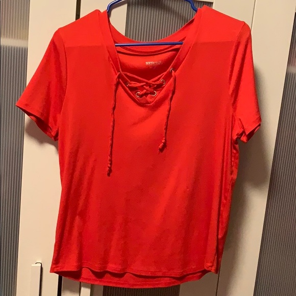 Orange/red v-neck lace up blouse - Picture 2 of 2